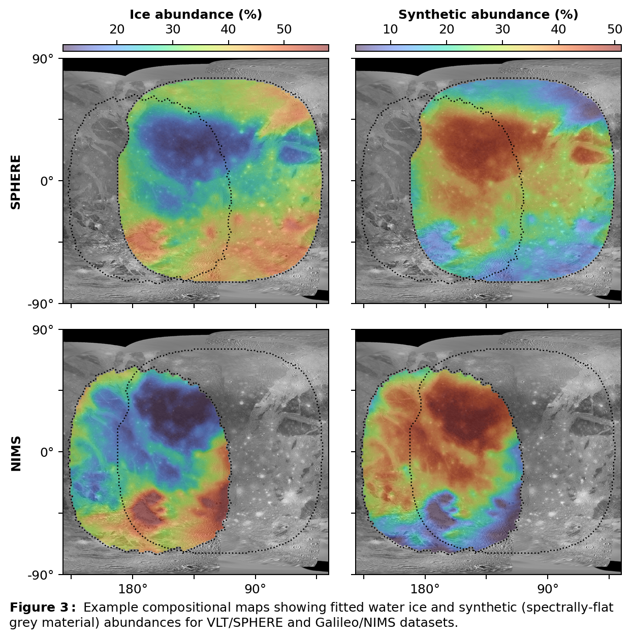Figure 3: Example compositional maps showing fitted water ice and synthetic (spectrally-flat grey material) abundances for VLT/SPHERE and Galileo/NIMS datasets.